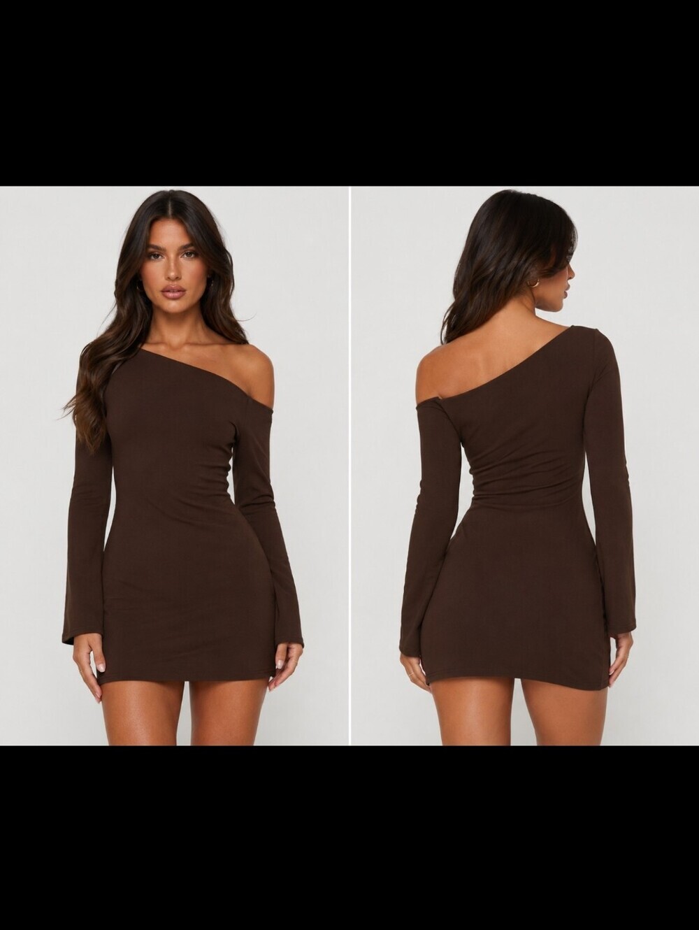 Off-Shoulder Long Sleeve Bodycon Dress - Brown Size 6